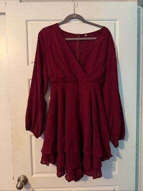 Women's Burgundy Long-Sleeve Tiered Dress